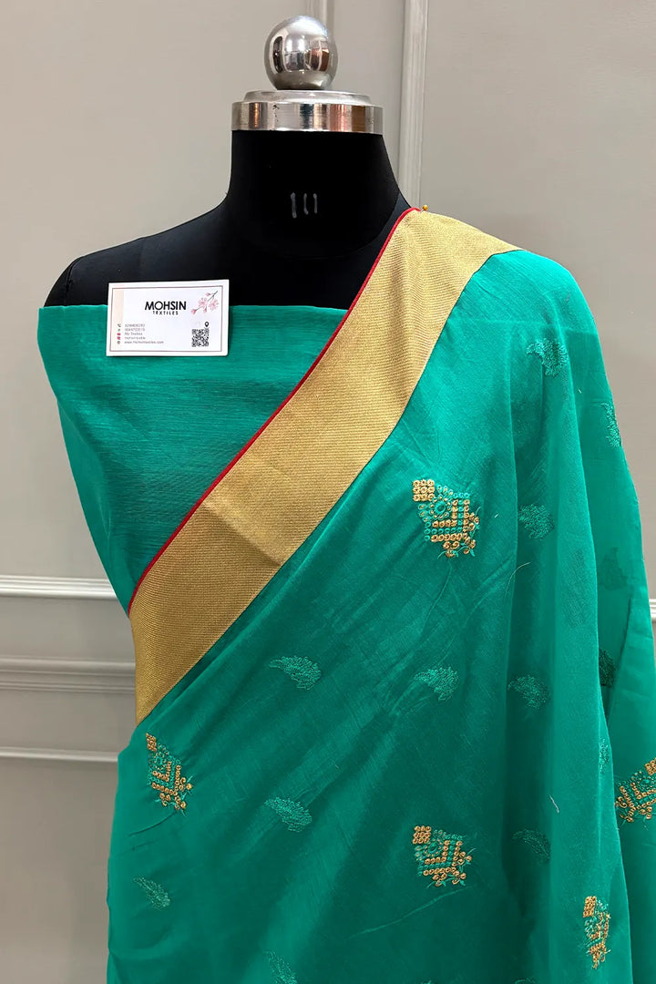 Sea Green Embroidery Silky Banarasi Saree