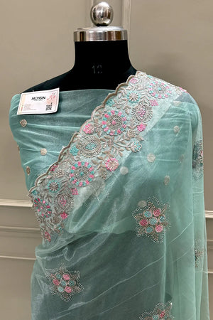 Sea Green Embroidery Siroski Brasso Net Saree