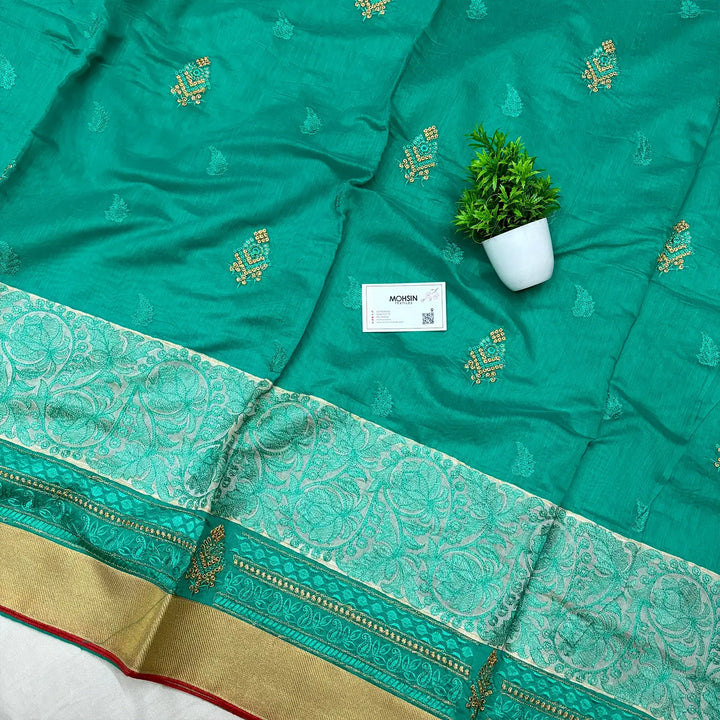 Sea Green Embroidery Work Cotton Silk Banarasi Saree