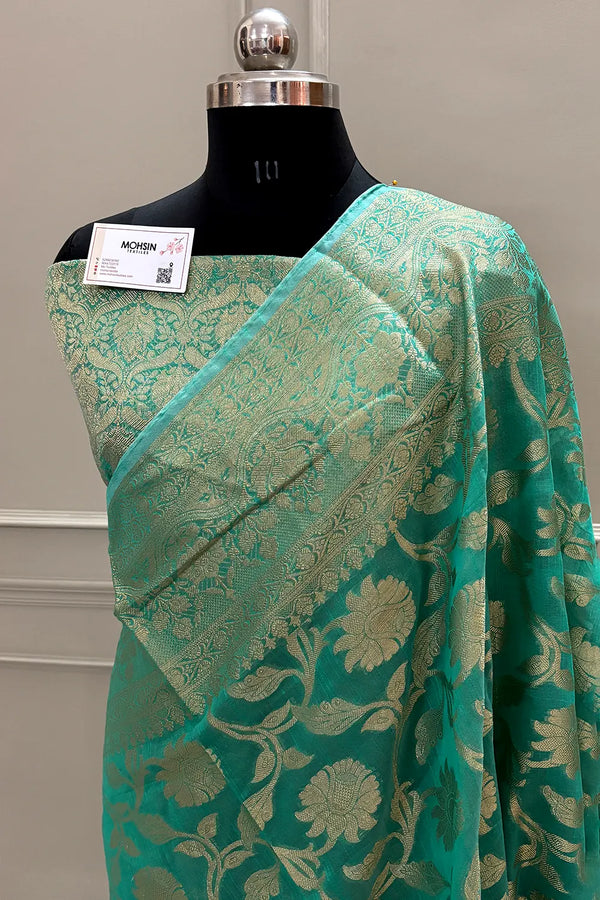 Sea Green Golden Zari Chanderi Silk Banarasi Saree