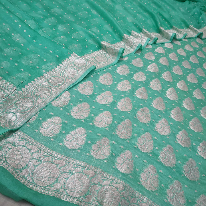 Sea Green Handloom Georgette Silk Banarasi Suit