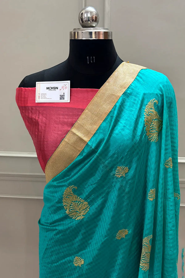 Sea Green and Peach Embroidery Silky Banarasi Saree