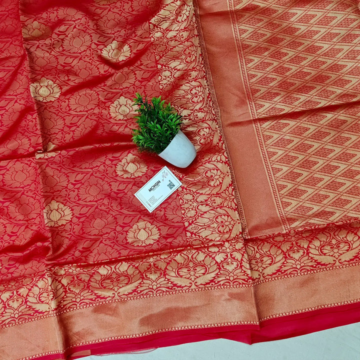 Strawberry Pink Golden Zari Soft Silk Banarasi Saree