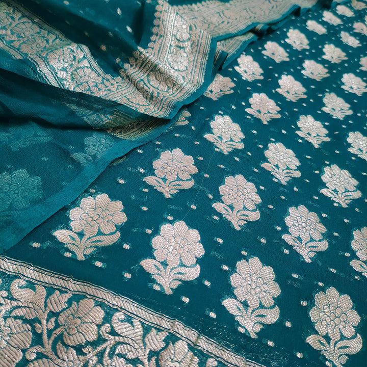 Teal Handloom Georgette Silk Banarasi Suit