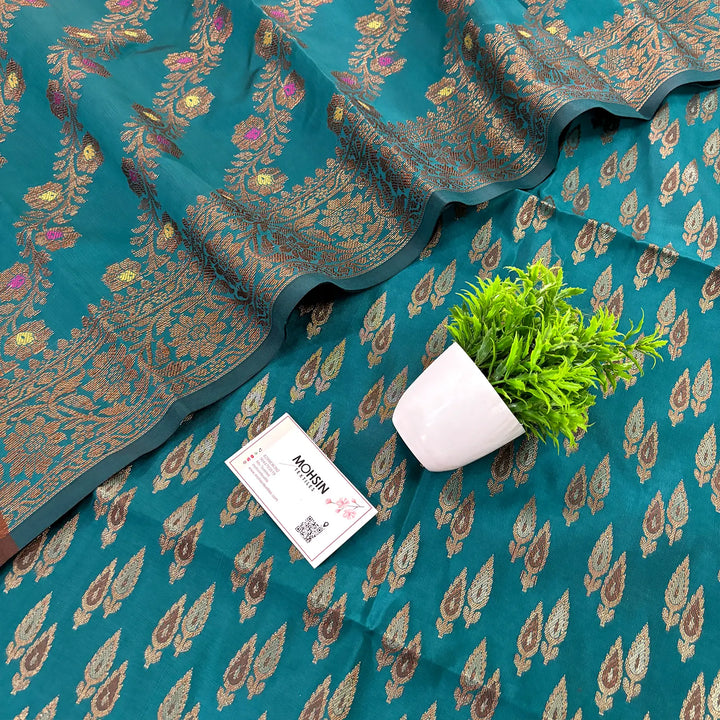 Teal Kadi Patti Satin Silk Banarasi Suit