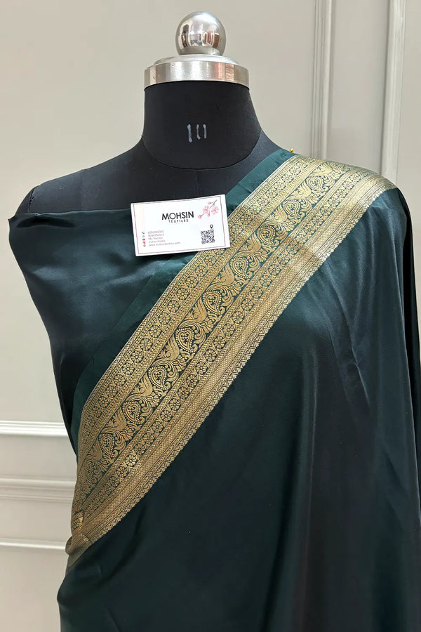 Teal Plain Satin Silk Banarasi Saree