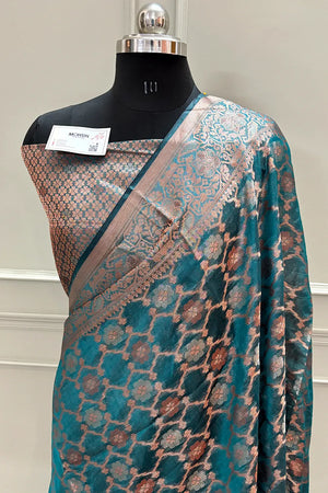 Teal Resham Zari Cotton Silk Banarasi Saree