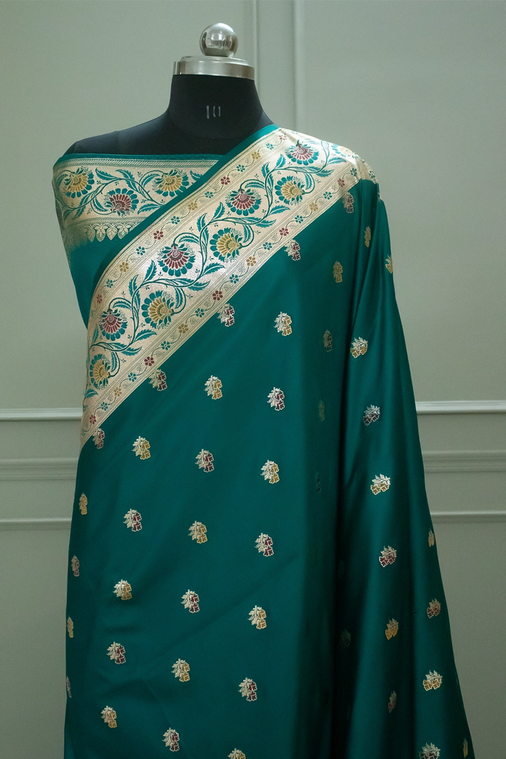 Teal Twins Buti Katan Silk Banarasi Saree