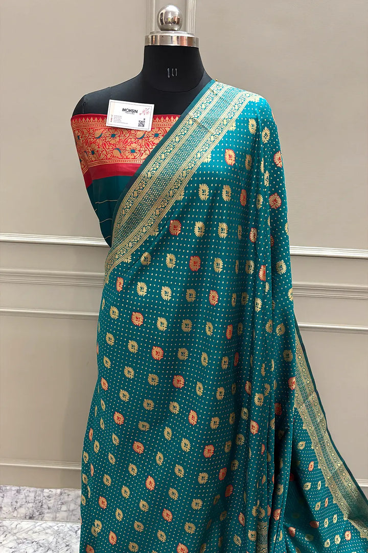 Teal and Red Resham Zari Silky Banarasi Saree