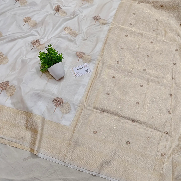 White Dyeable Golden Zari Soft Silk Banarasi Saree