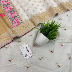 White Golden Zari Cotton Silk Banarasi Suit