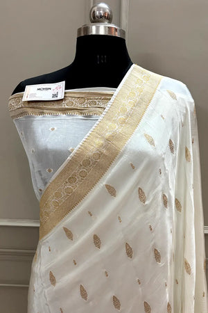 White Golden Zari Georgette Silk Banarasi Saree