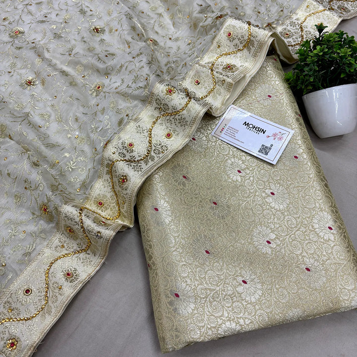 Cream Golden Zari Kimkhab Silk Banarasi Gharara With Stone Dupatta