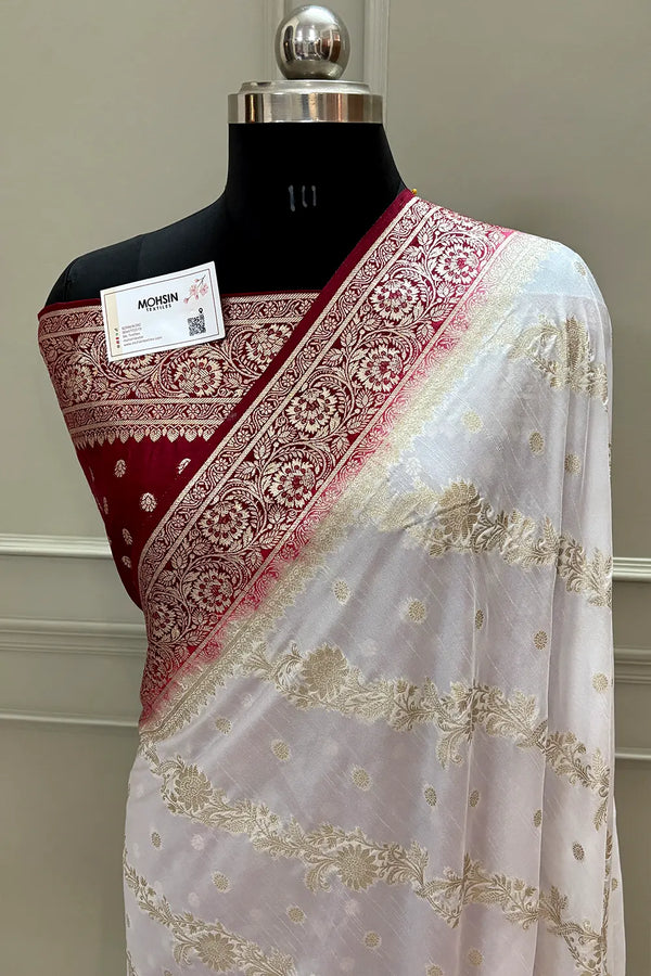 White and Maroon Golden Zari Dola Silk Banarasi Saree