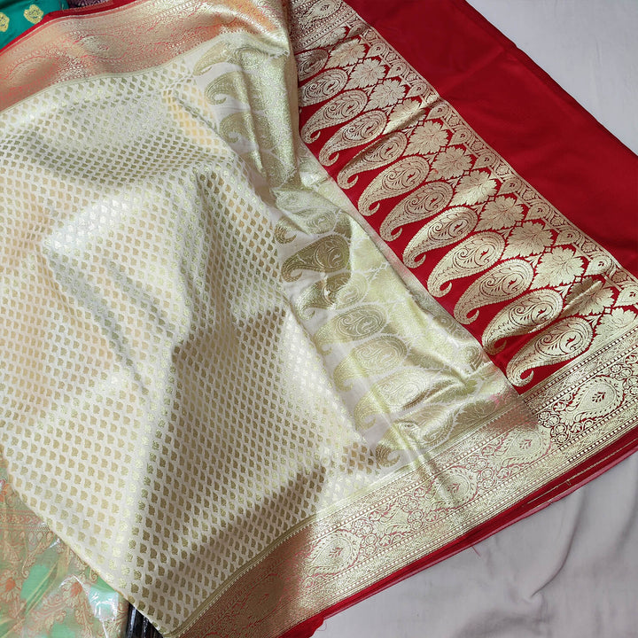 White and Red Contrass Katan Silk Banarasi Saree