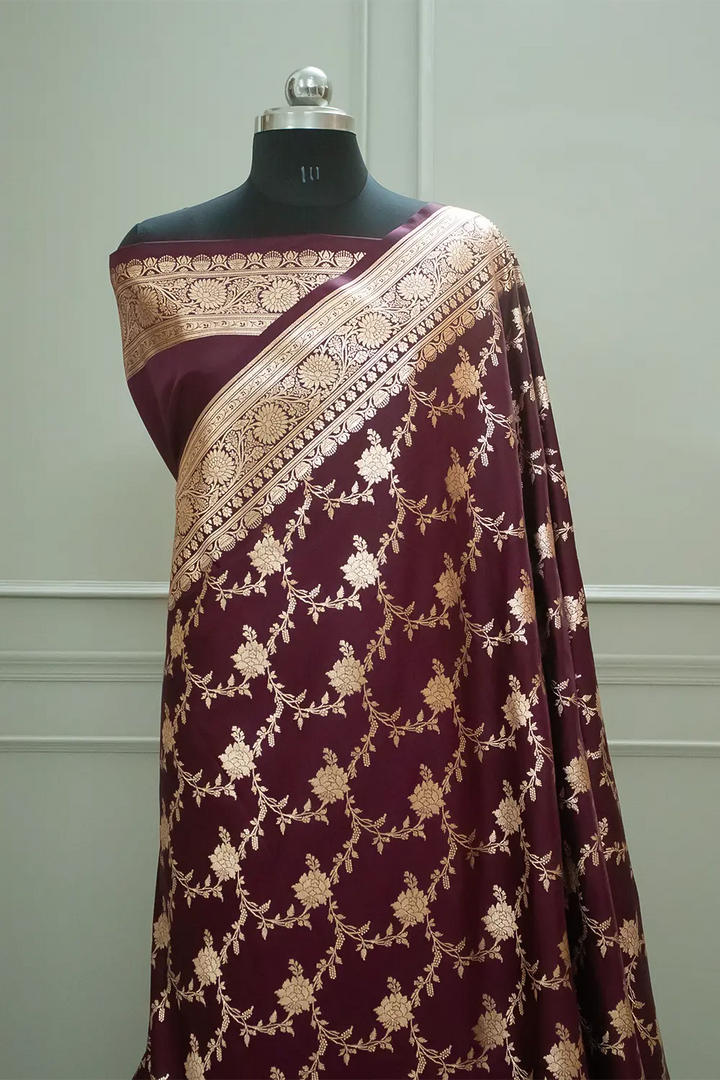 Wine Akbari Jaal Katan Silk Banarasi Saree