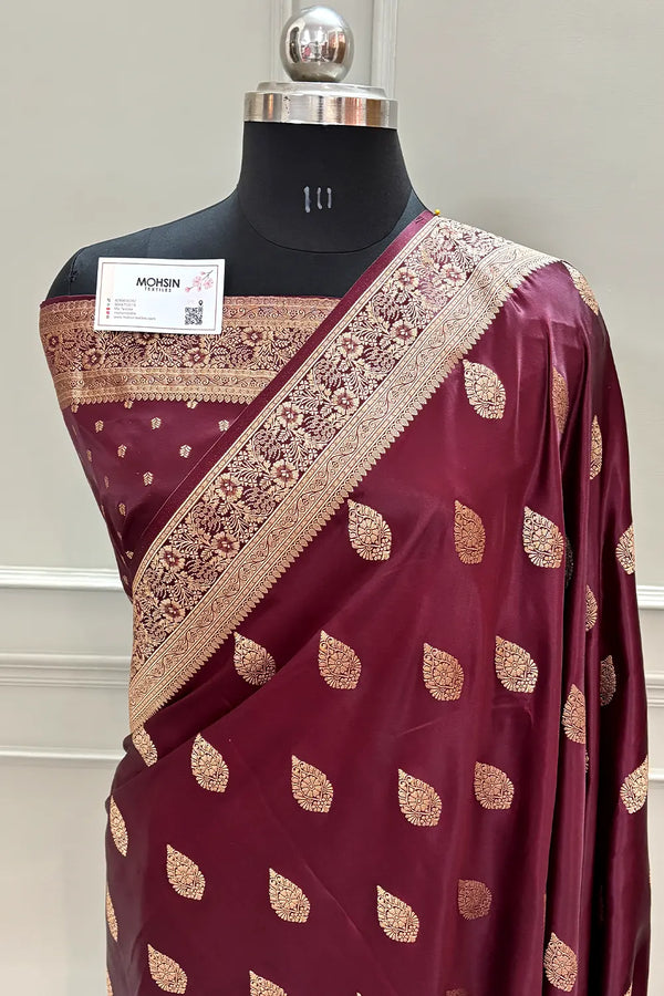 Wine Badami Buta Katan Silk Banarasi Saree