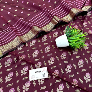 Wine Golden Zari Satin Silk Banarasi Suit