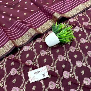 Wine Golden Zari Satin Silk Banarasi Suit