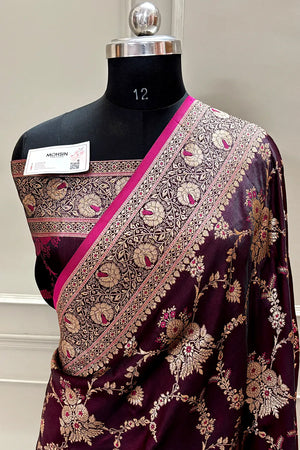Wine Golden Zari Katan Silk Banarasi Saree