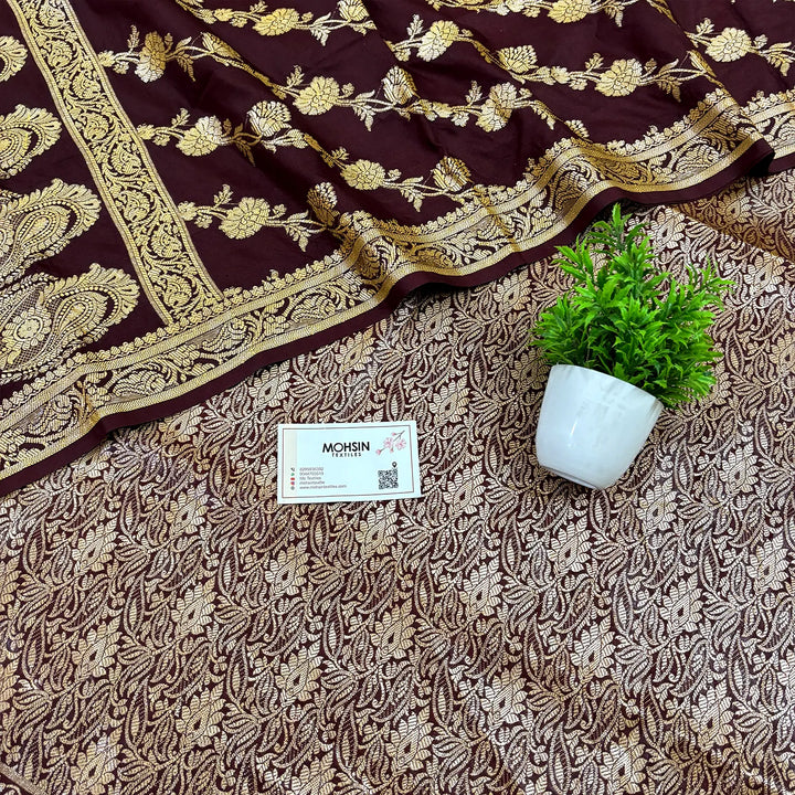 Wine Golden Zari Katan Silk Banarasi Suit