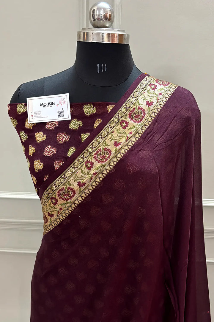 Wine Stone Work Georgette Silk Banarasi Saree