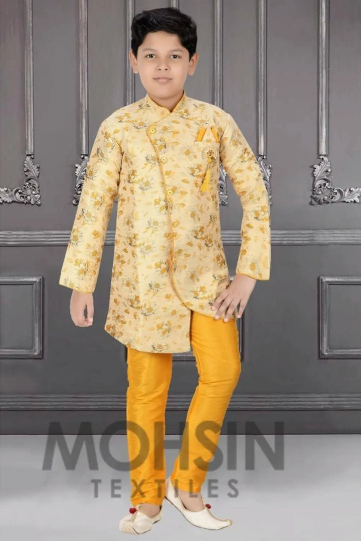 Yellow Floral Print Lilen Silk Boys Kurta Pajama