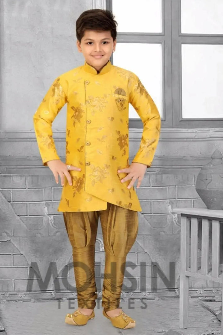 Yellow Flower Buta Lilen Silk Boys Kurta Pajama