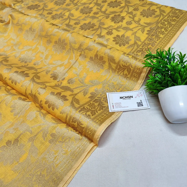 Yellow Golden Zari Banarasi Silk Dupatta
