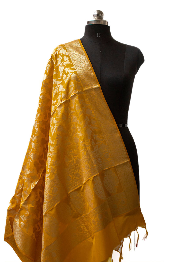 Yellow Golden Zari Katan Silk Banarasi Dupatta