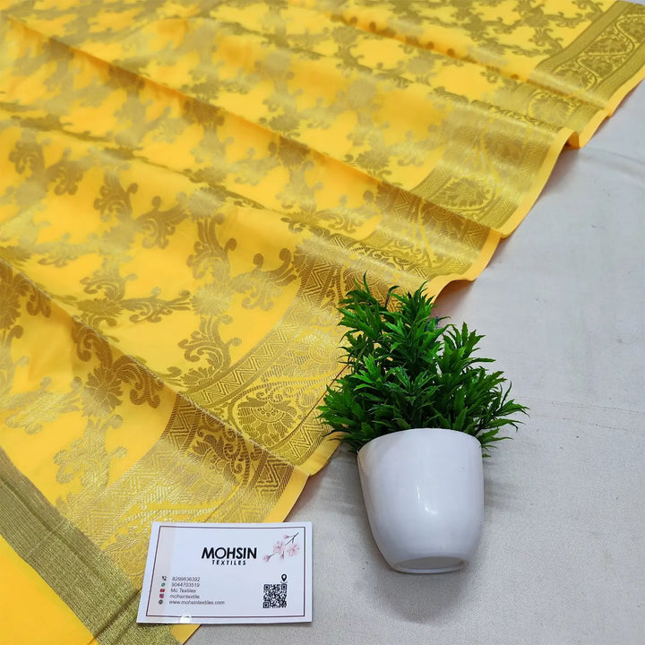 Yellow Golden Zari Satin Silk Banarasi Dupatta