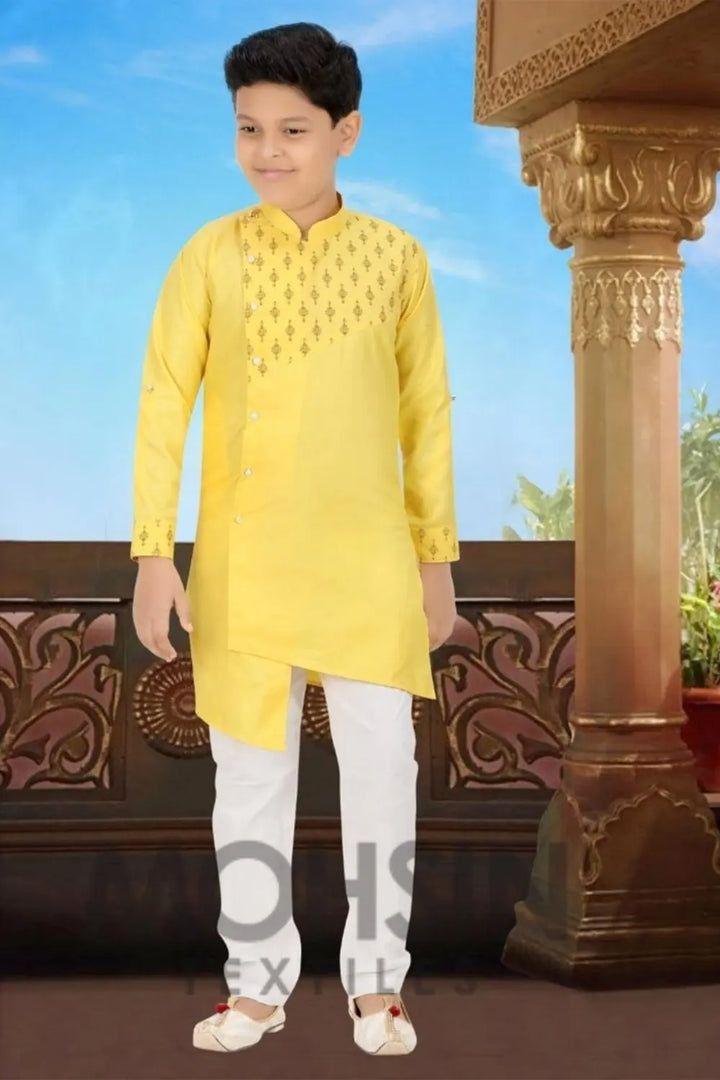 Yellow Neck Print Cotton Silk Boys Kurta Pajama