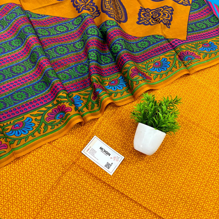 Yellow Printed Cotton Silk Salwar Suit