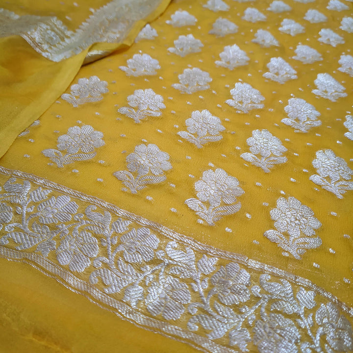 Yellow Pure Khaddi Handloom Georgette Silk Banarasi Suit