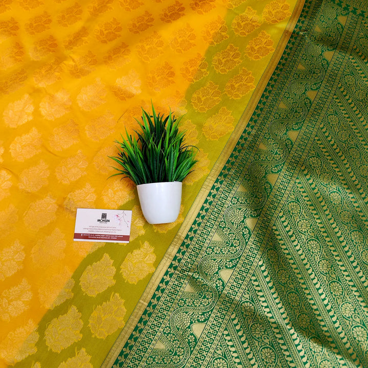 Yellow and Green Resham Zari Soft Silk Banarasi Saree