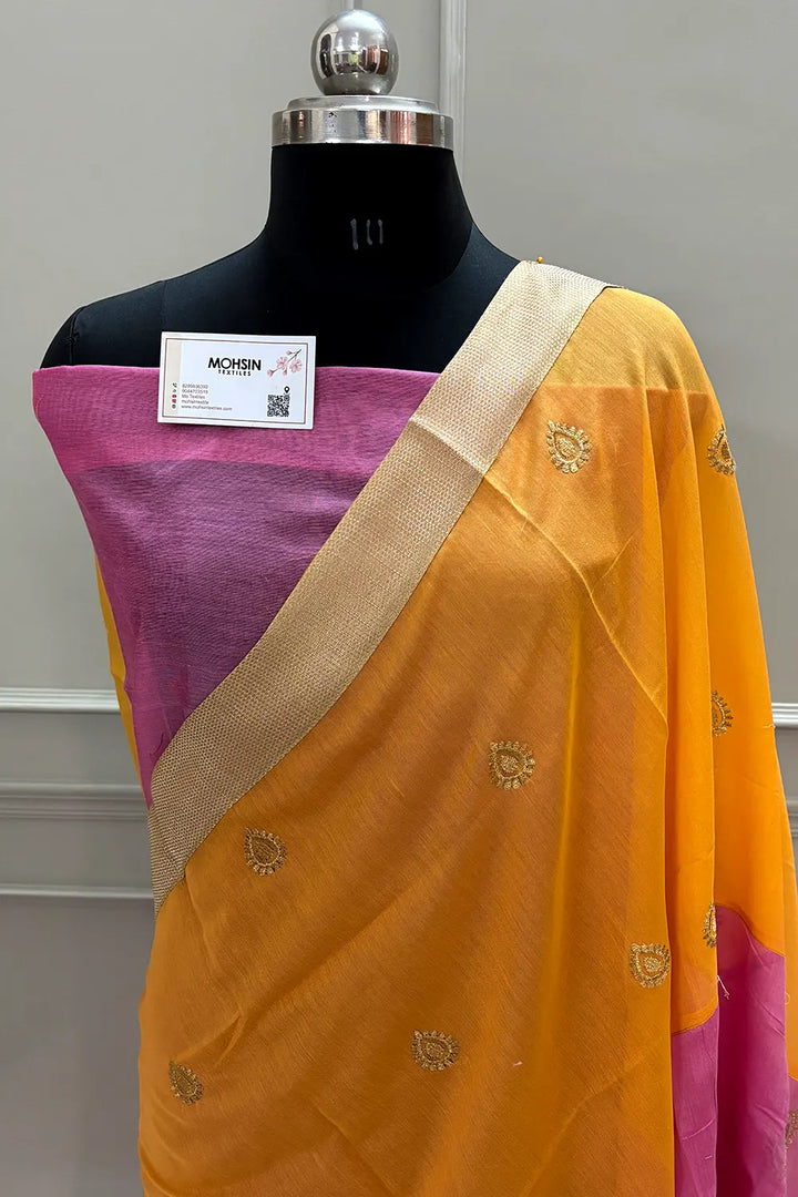 Yellow and Pink Embroidery Work Chanderi Silk Banarasi Saree