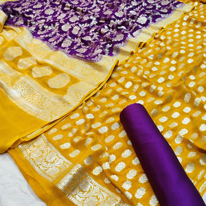 Yellow and Purple Handloom Georgette Silk Banarasi Suit