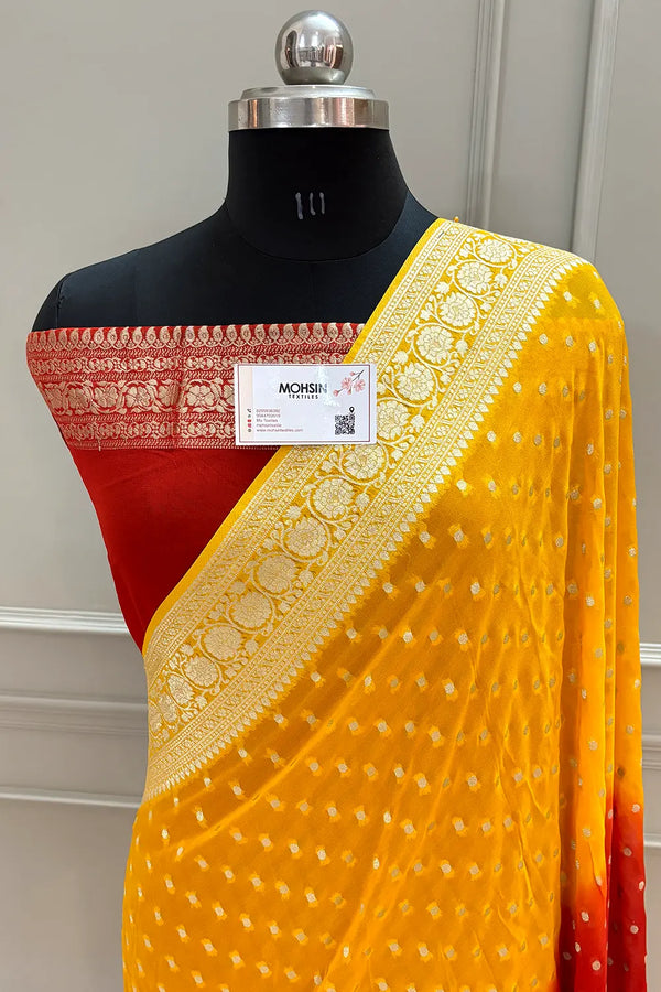 Yellow and Red Matar Dana Georgette Silk Banarasi Saree