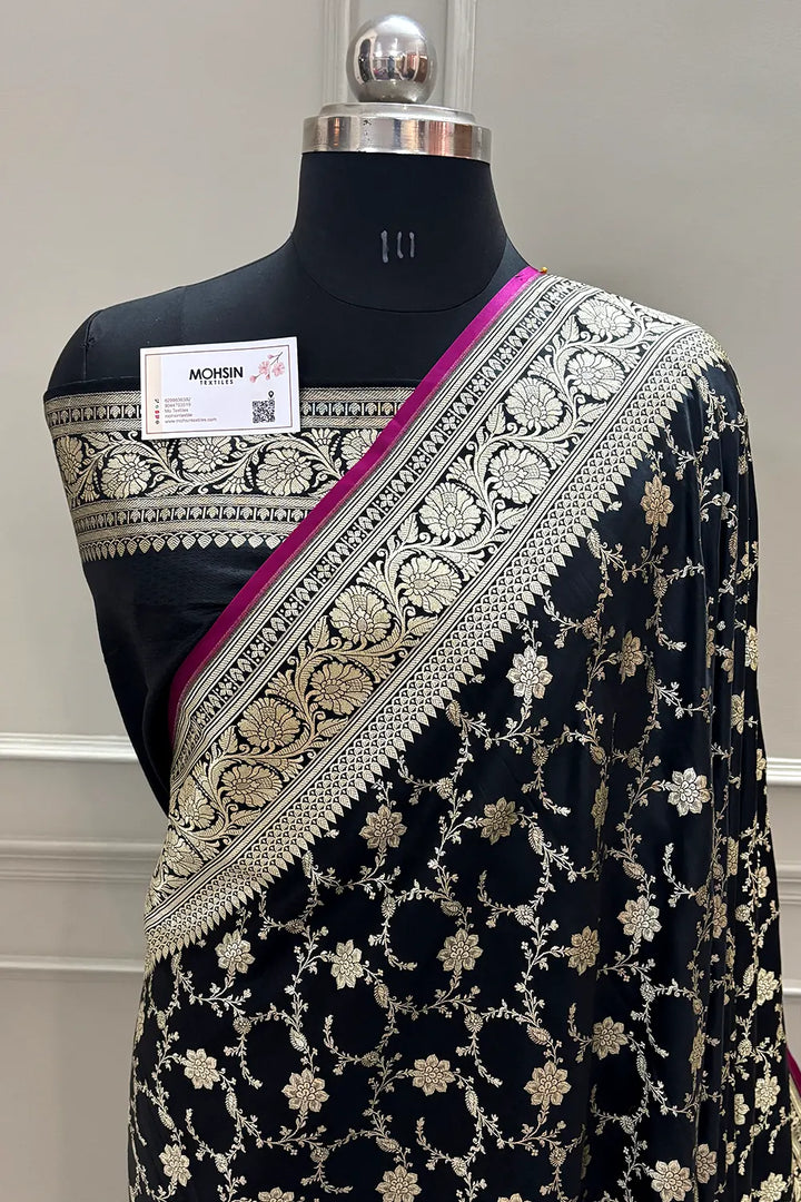 Black Vardhman Jaal Katan Silk Banarasi Saree