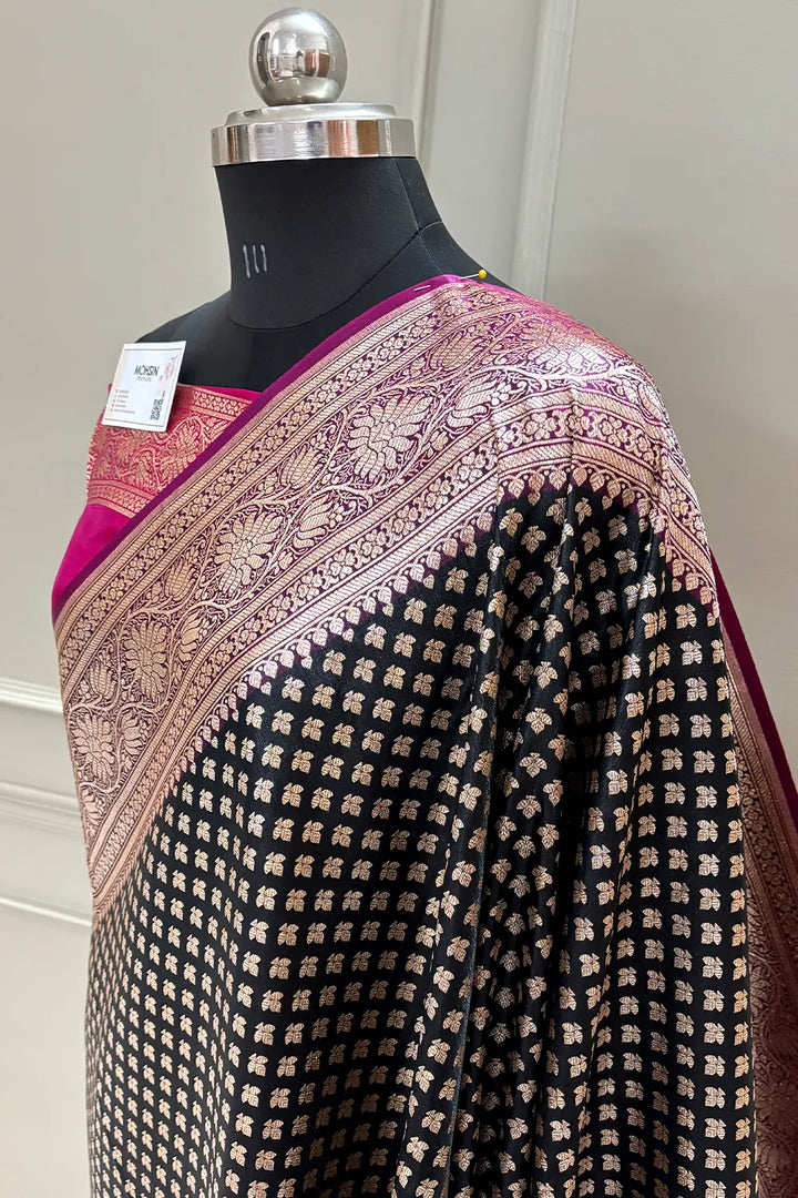 Black and Pink Chidi Buti Katan Silk Banarasi Saree