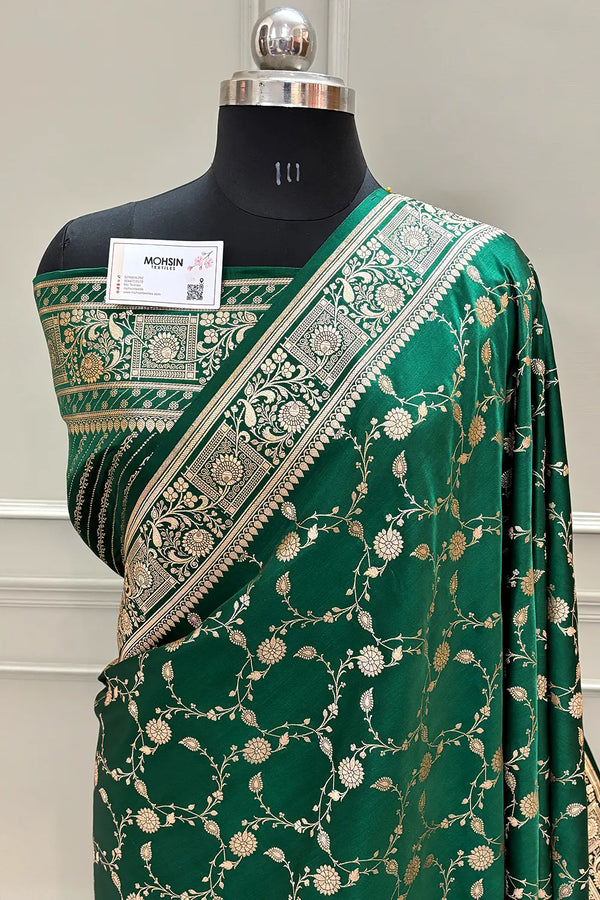 Bottle Green Albeli Jaal Katan Silk Banarasi Saree