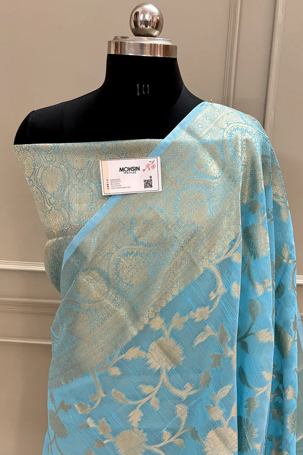 Firozi Lotus Jaal Chanderi Silk Banarasi Saree