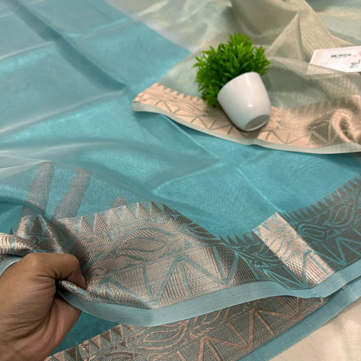 Firozi Zari Border Tissue Silk Banarasi Saree