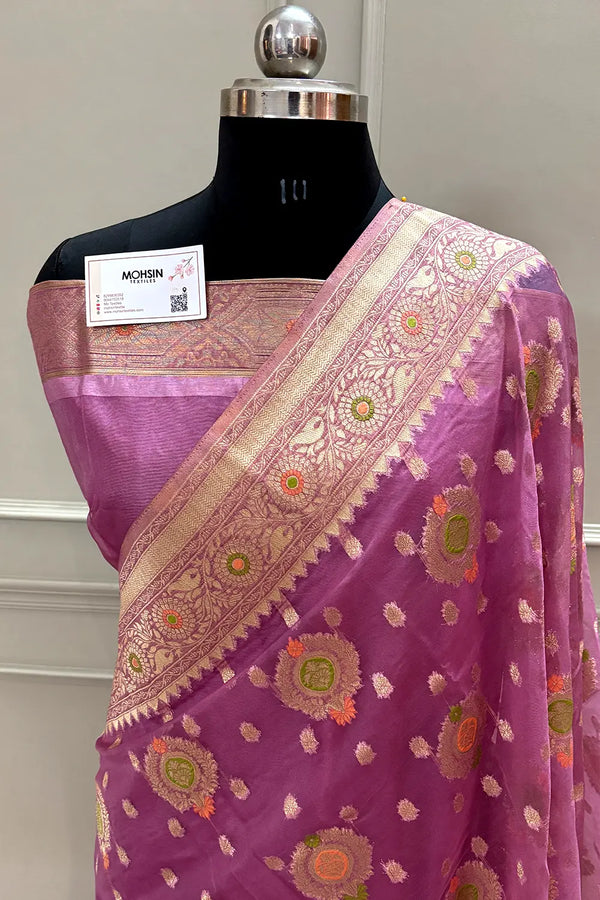 Lavender Golden Zari Organza Silk Banarasi Saree