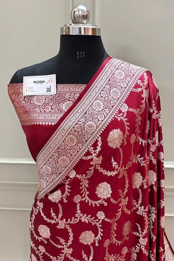 Maroon Laabela Jaal Katan Silk Banarasi Saree