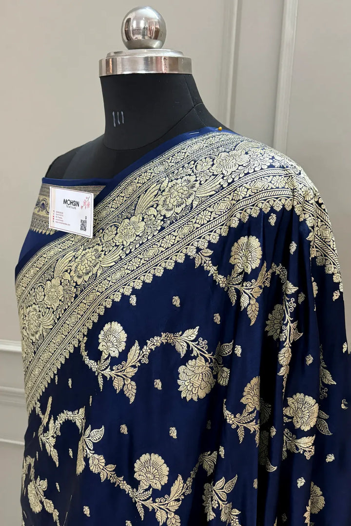 Navy Blue Tirchi Daal Katan Silk Banarasi Saree