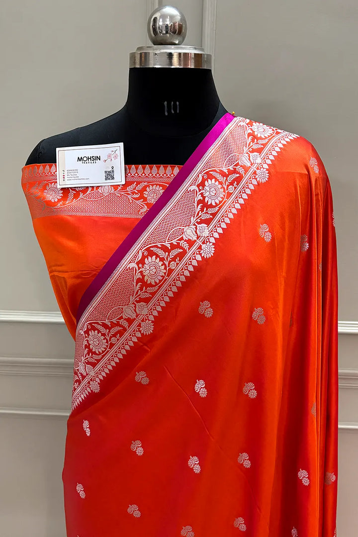 Orange Babri Buti Katan Silk Banarasi Saree