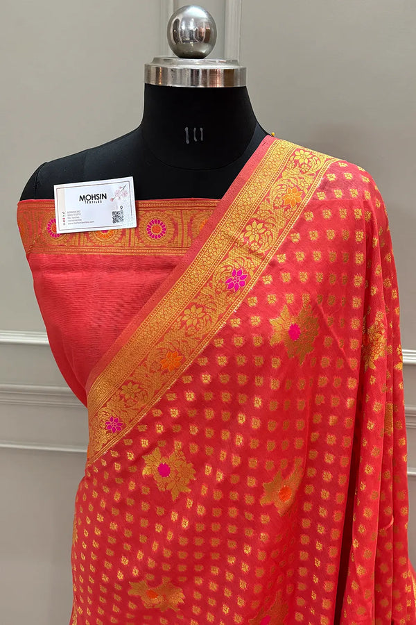 Orange Golden Zari Dola Silk Banarasi Saree