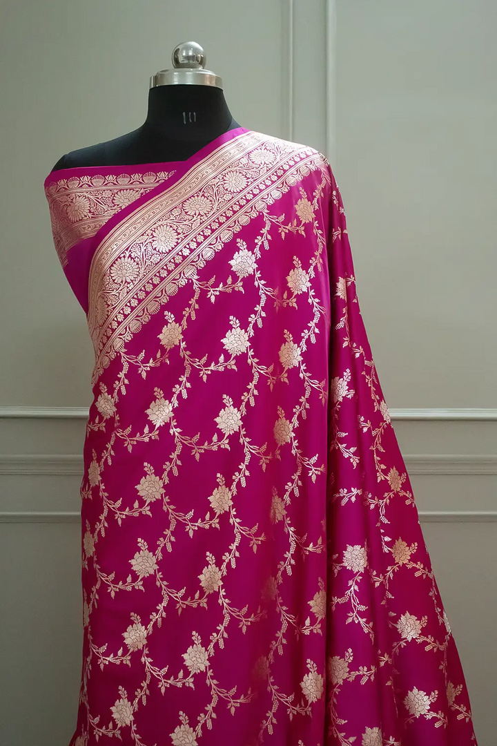 Pink Akbari Jaal Katan Silk Banarasi Saree