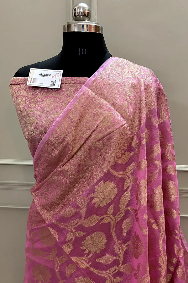 Pink Golden Zari Chanderi Silk Banarasi Saree